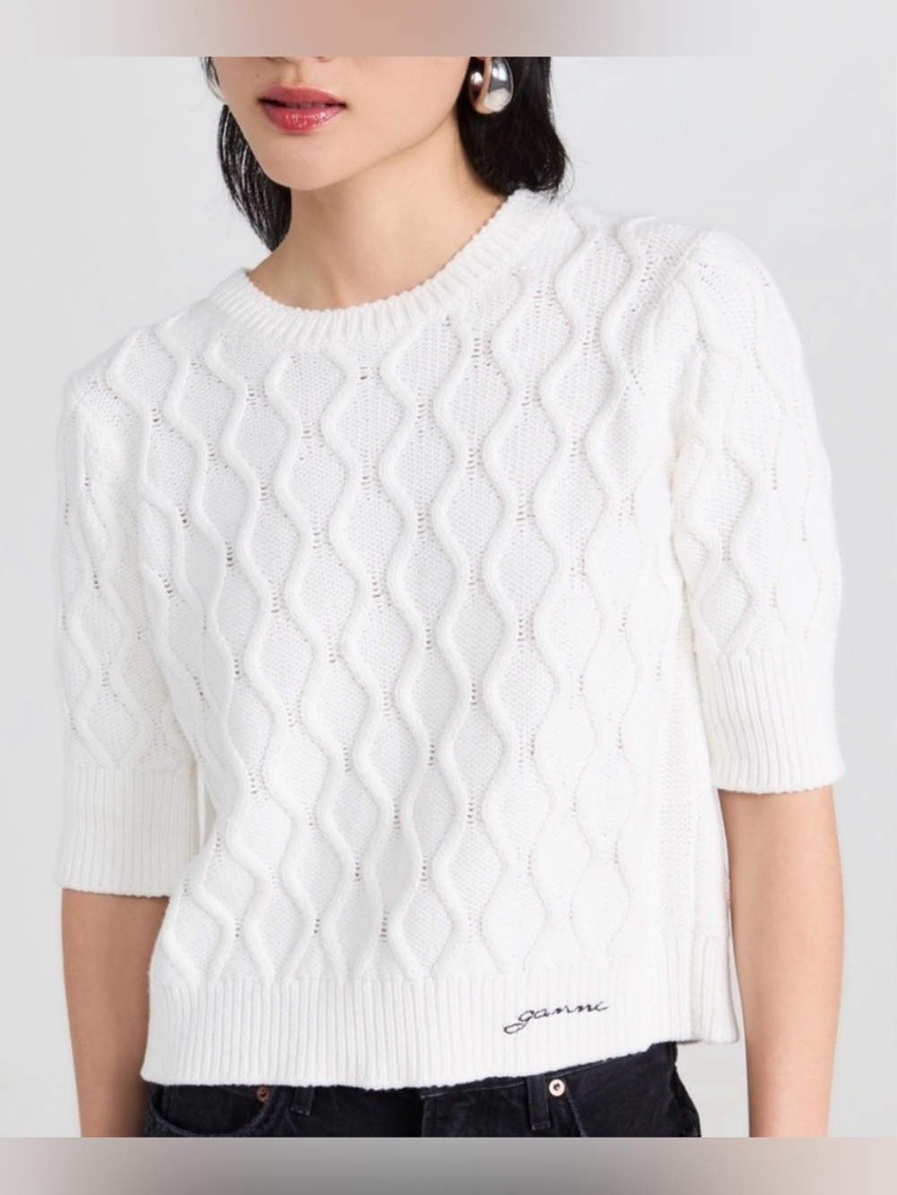 NWT GANNI Cotton Cable Open Back Top White Cable Knit Sweater M